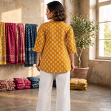 Mustard Yellow Floral Printed Taj Cotton Short Kurti
