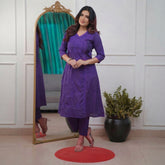 Women’s Purple Chikankari Angrakha Kurta Set with Matching Pants