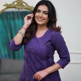 Women’s Purple Chikankari Angrakha Kurta Set with Matching Pants