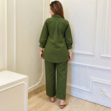 Women’s Olive Green Floral Embroidered Co-ord Set with Wide-Leg Pants