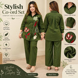 Women’s Olive Green Floral Embroidered Co-ord Set with Wide-Leg Pants