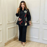 Women’s Black Floral Embroidered Co-ord Set with Wide-Leg Pants