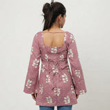 Women’s Mauve Floral Printed Short Kurti with Square Neck & Lace-Up Back