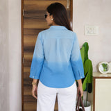 Women’s Sky Blue Solid Shirt Style Short Kurti with Button Front