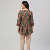 Women’s Green Floral Printed Short Kurti with Waist Tie-Up & 3/4 Sleeves