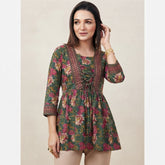 Women’s Green Floral Printed Short Kurti with Waist Tie-Up & 3/4 Sleeves