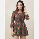 Women’s Green Floral Printed Short Kurti with Waist Tie-Up & 3/4 Sleeves