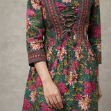 Women’s Green Floral Printed Short Kurti with Waist Tie-Up & 3/4 Sleeves