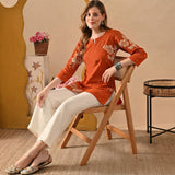 Women’s Orange Floral Printed Short Kurti with 3/4 Sleeves