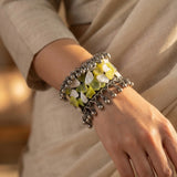 Green & White Beaded Oxidised Statement Bracelet