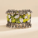 Green & White Beaded Oxidised Statement Bracelet
