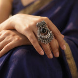 Rajwada Black Stone Elephant Oxidised Ring