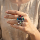 Rangoli Charcoal Stone Oxidised Statement Ring