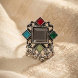 Rangoli Charcoal Stone Oxidised Statement Ring