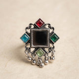 Rangoli Charcoal Stone Oxidised Statement Ring