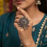 Rangoli Gemstone Oxidised Statement Ring