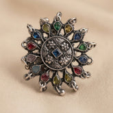 Rangoli Gemstone Oxidised Statement Ring
