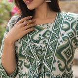 Sage Green Ikat Print Taj Cotton Flared Short Kurti