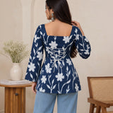 Midnight Bloom Navy Blue Taj Cotton Lace-Up Short Kurti