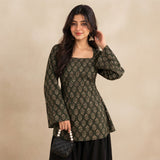 Midnight Olive Block Print Lace-Up Back Short Kurti
