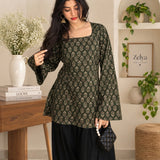 Midnight Olive Block Print Lace-Up Back Short Kurti