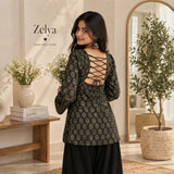 Midnight Olive Block Print Lace-Up Back Short Kurti