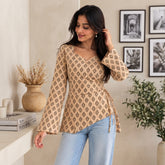 Beige Floral Buti Printed Wrap Style Short Kurti