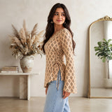 Beige Floral Buti Printed Wrap Style Short Kurti