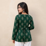 Emerald Green Floral Buti Printed Taj Cotton Short Kurti