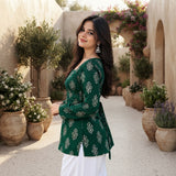 Emerald Green Floral Buti Printed Taj Cotton Short Kurti