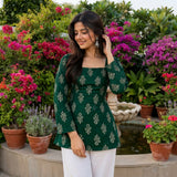 Emerald Green Floral Buti Printed Taj Cotton Short Kurti