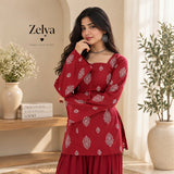 Crimson Paisley Print Tie-Back Flared Sleeve Short Kurti