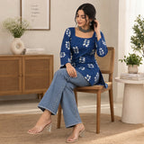 Indigo Leaf Motif Lace-Up Back Short Kurti