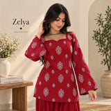 Crimson Paisley Print Tie-Back Flared Sleeve Short Kurti