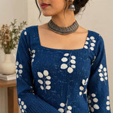 Indigo Leaf Motif Lace-Up Back Short Kurti