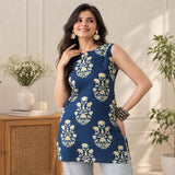 Indigo Blossom Sleeveless Printed Short Kurti