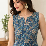 Azure Bloom Printed Sleeveless Short Kurti