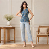 Azure Bloom Printed Sleeveless Short Kurti