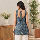 Midnight Blue Floral Print Back-Tie Sleeveless Short Kurti
