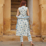 White Blue Floral Printed Sleeveless Kurta Pant Set with Dupatta