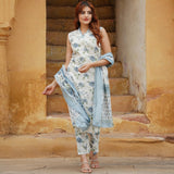 White Blue Floral Printed Sleeveless Kurta Pant Set with Dupatta