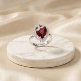 Zelya Ruby Heart Crystal Adjustable Ring for Women | Silver Halo Statement Ring