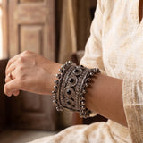Zelya Premium Oxidised Black Stone Cuff Bracelet for Women | Traditional Ghungroo Ethnic Kada