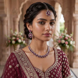 Zelya Royal Purple Crystal Necklace Set with Earrings & Maang Tikka for Women