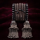 Zelya Black Crystal Multi-Layer Bracelet with Tassel Earrings Set for Women | Boho Statement Jewelry