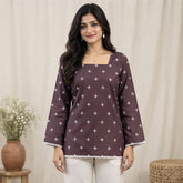 Women’s Mauve Floral Printed Short Kurti with Square Neck & Lace Border