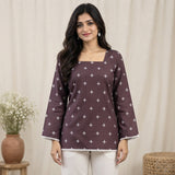 Women’s Mauve Floral Printed Short Kurti with Square Neck & Lace Border