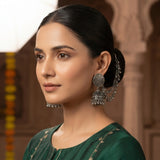 Oxidized Circular Jhumka Earrings with Ear Chain | Traditional Ethnic Earrings for Women