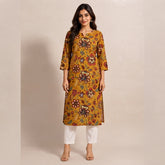 Women’s Mustard Yellow Floral Motif Printed Straight Kurti