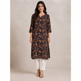 Women’s Navy Blue Floral Printed Straight Kurti